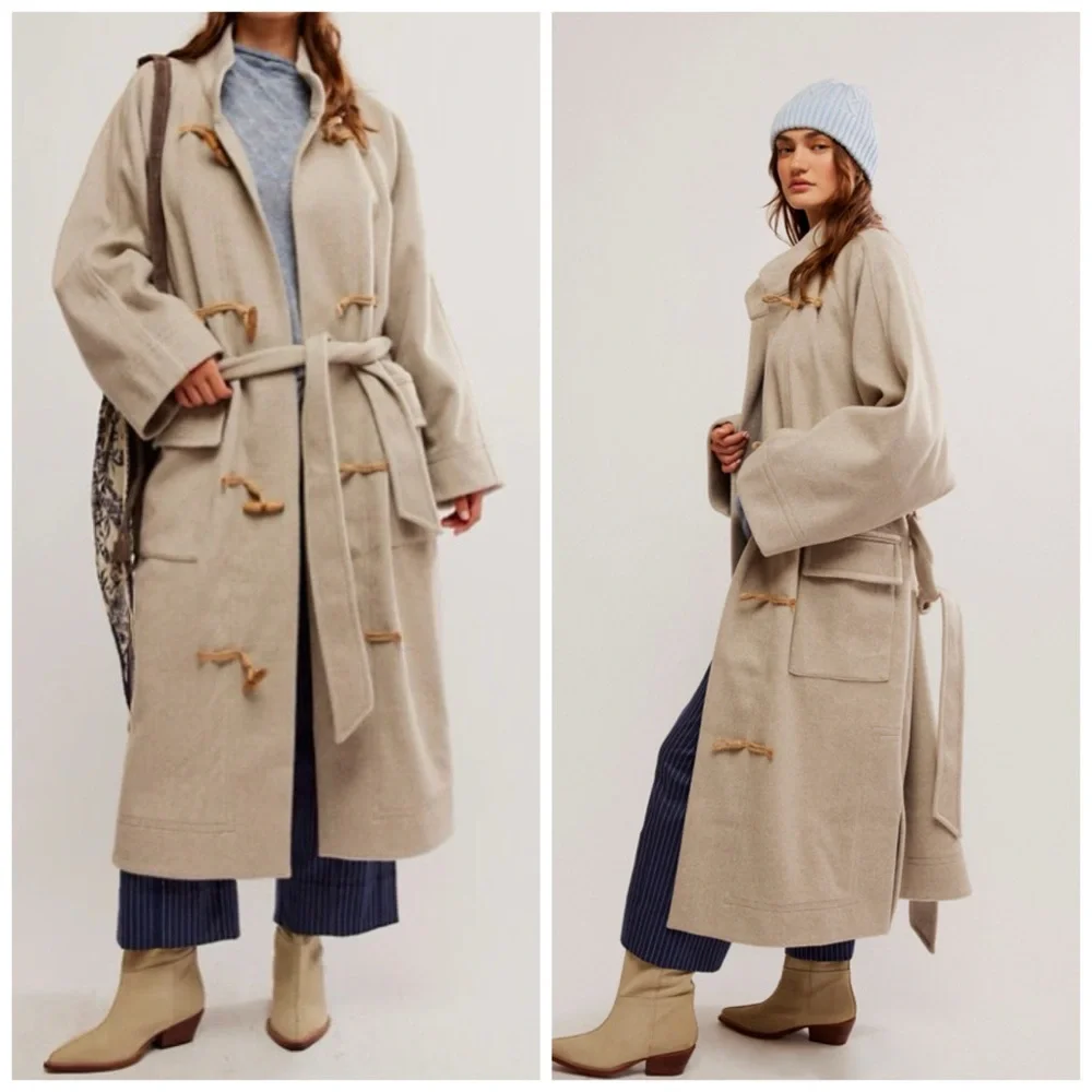 Free People Alma Duffle Coat Gray Tassel Long Length‎ Size Medium MISSING BELT